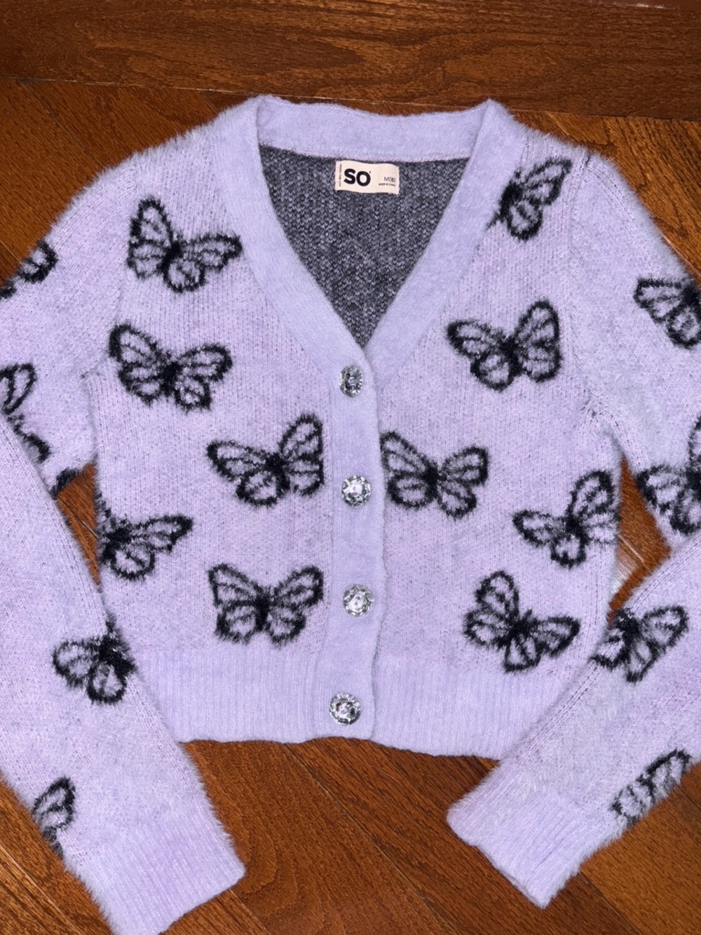 SO Lilac Fuzzy Butterfly Button-Up Cardigan